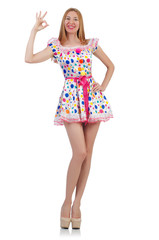 Woman in polka-dot dress isolated on white