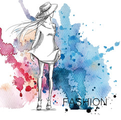 fashion sketch. Girl on a watercolor background. © kamenuka