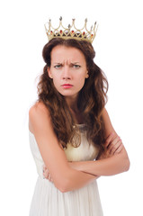 Girl in white dress and crown isolated on white