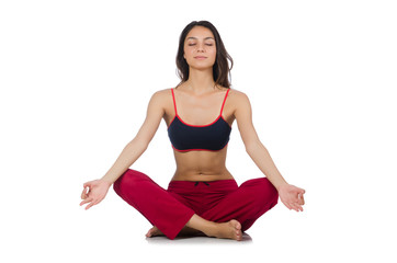 Young woman doing sport exercises isolated on white