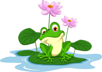 Obraz premium śmieszne kreskówka zielona żaba siedzi na liściu