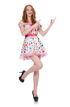 Woman in dolka-pot dress isolated on white