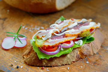 bacon and vegetables on wood table