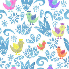 watercolor sketch seamless pattern with flower and chicken