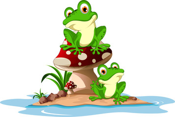 Naklejka premium Funny frog sitting on mushroom