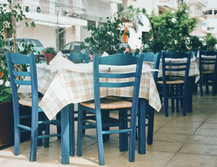 Blue chairs on a greek cafe on Zakinthos