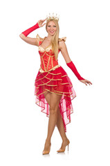 Queen in red dress isolated on white