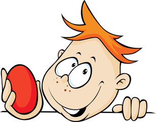 boy holding red egg in hand, peeking out - vector illustration