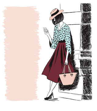 Sketch of woman looking at the phone