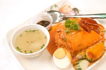 Barbecued red pork with rice and egg