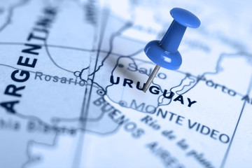 Location Uruguay. Blue pin on the map. - obrazy, fototapety, plakaty