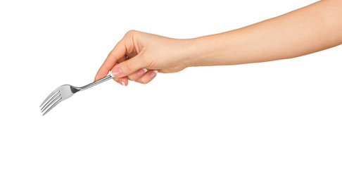 hand holding a silver fork on an isolated white background