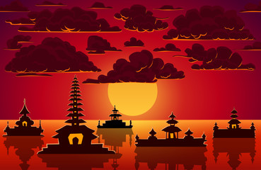 Vector landscape with red sunset, clouds and indonesian temples.