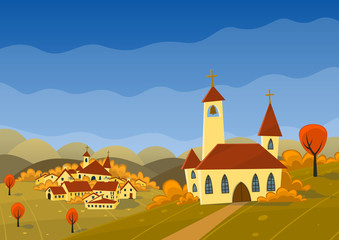 Vector autumn landscape with hills, village and church.