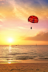 Parasailing over beach at sunset.