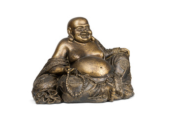 Smiling Buddha brass figurine on white with clipping path.