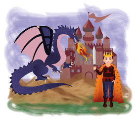 Magic king and dragon, vector illustration