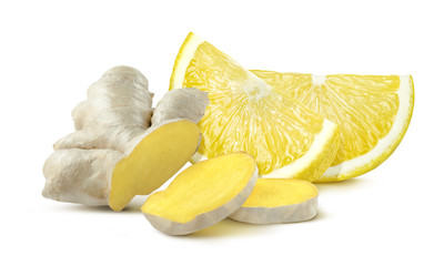Lemon quarters ginger root isolated on white background