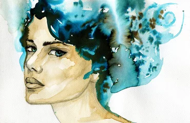 Papier Peint photo Inspiration picturale illustration aquarelle abstraite représentant un portrait d& 39 une femme