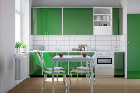 Grüne Küchenzeile in Küche