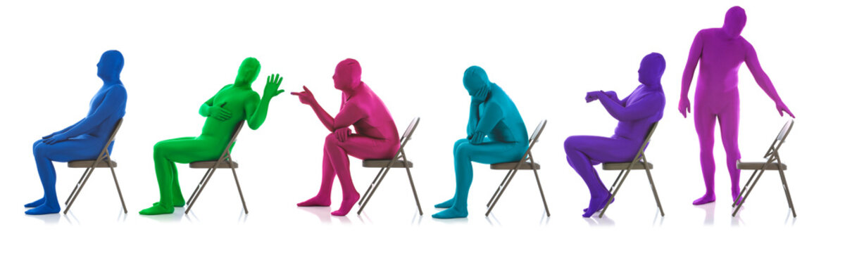 Blue: Line of Different People Waiting in Chairs