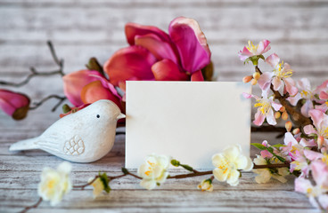 Bird Figurine with Blank Card and Blossoms