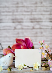 Bird Figurine with Blank Card and Spring Blossoms