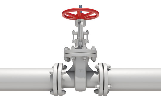 Three-dimensional model of valve connected to pipe flanges