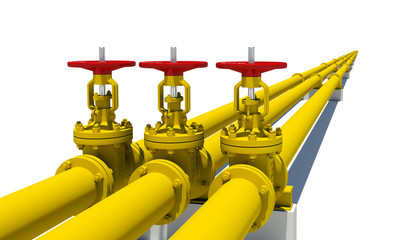 Three yellow pipes with valves