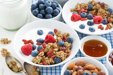 breakfast with granola, berries, honey and yogurt