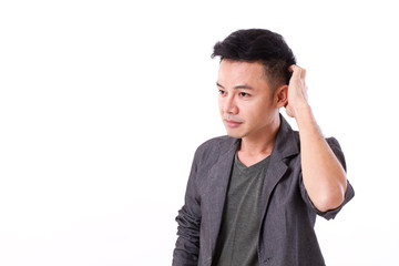 hesitate, doubeful man, white isolated background