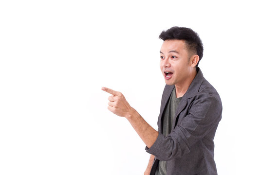 man pointing to blank space