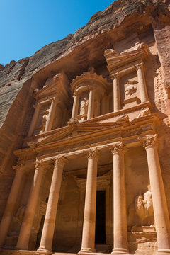The treasury building carved into the roack face at Petra in Jor