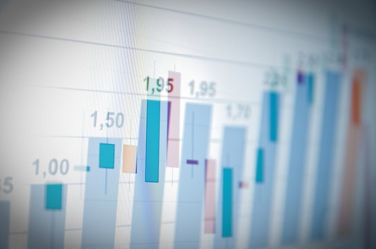 Financial statements review charts on PC screen.