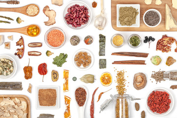 various superfood on white background top view