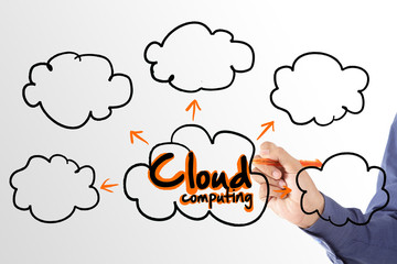 businessman writing technology of cloud computing