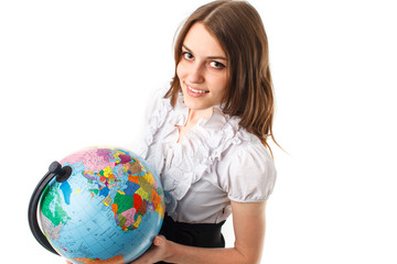 Cute young women with globe