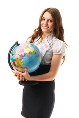 Cute young women with globe