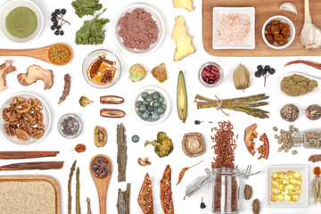 various superfood on white background top view