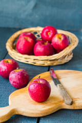 fresh red apples on a wooden board, fruits