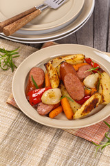 Roasted Potato and Sausage Dinner. Selective focus.