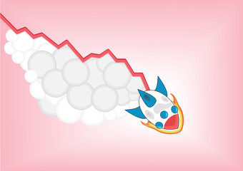 Negative decreasing growth chart and cartoon rocket falling