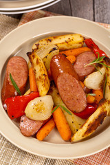 Roasted Potato and Sausage Dinner. Selective focus.