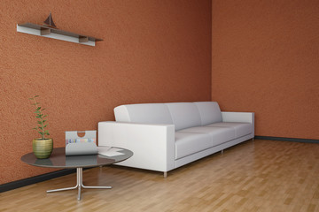Side view of an interior rendering of a living room with texture