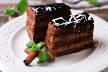 Tasty pieces of chocolate cake with mint and cinnamon