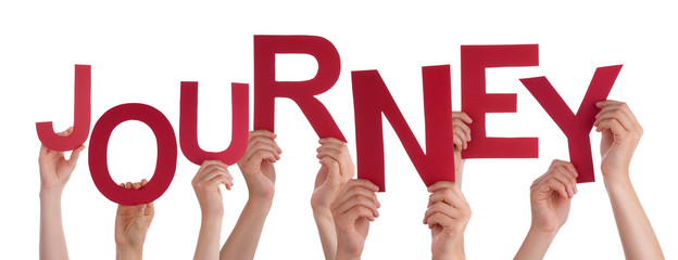 Many People Hands Holding Red Word Journey