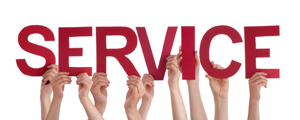 Many People Hands Holding Red Straight Word Service