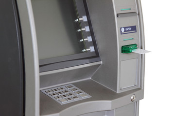 ATM with anti-skimmer and white plastic card