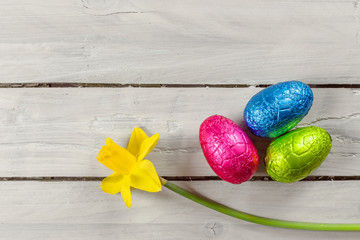 Easter eggs on a wooden table