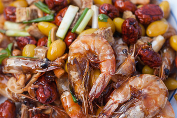 Stir fried Shrimp with cashew nuts, monkey apple, Ginko and Taro